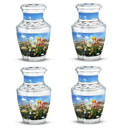 Cobalt Blue Garden Tulip Cremation Urn back view with polished surface - stylized abstract garden tulip pattern with bold lines - 10 inch aluminum urn for cremated remains