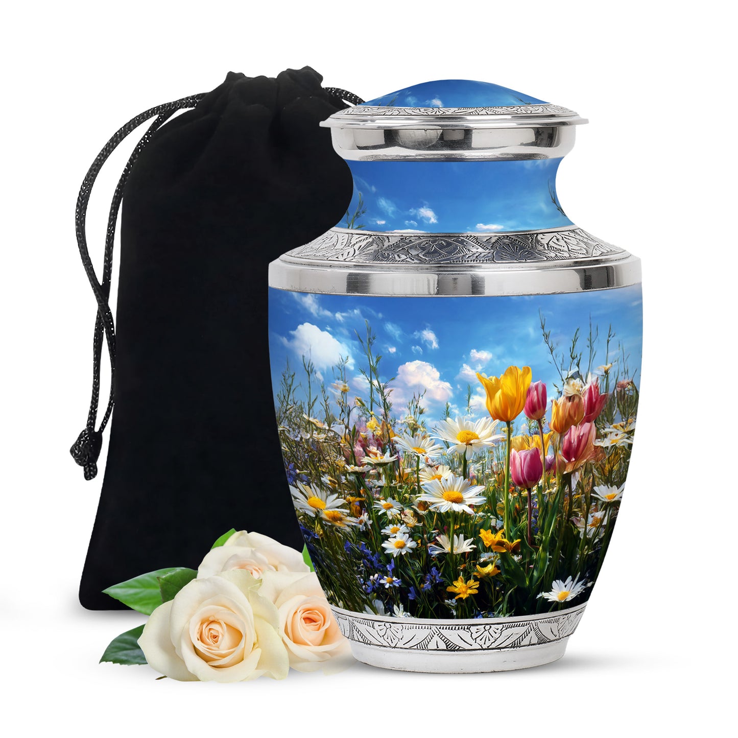 Bright Blue Garden Tulip Cremation Urn side profile showing urn shape - artistic garden tulip interpretation with creative detail - full-size 10 inch 200 cubic inch adult cremation urn