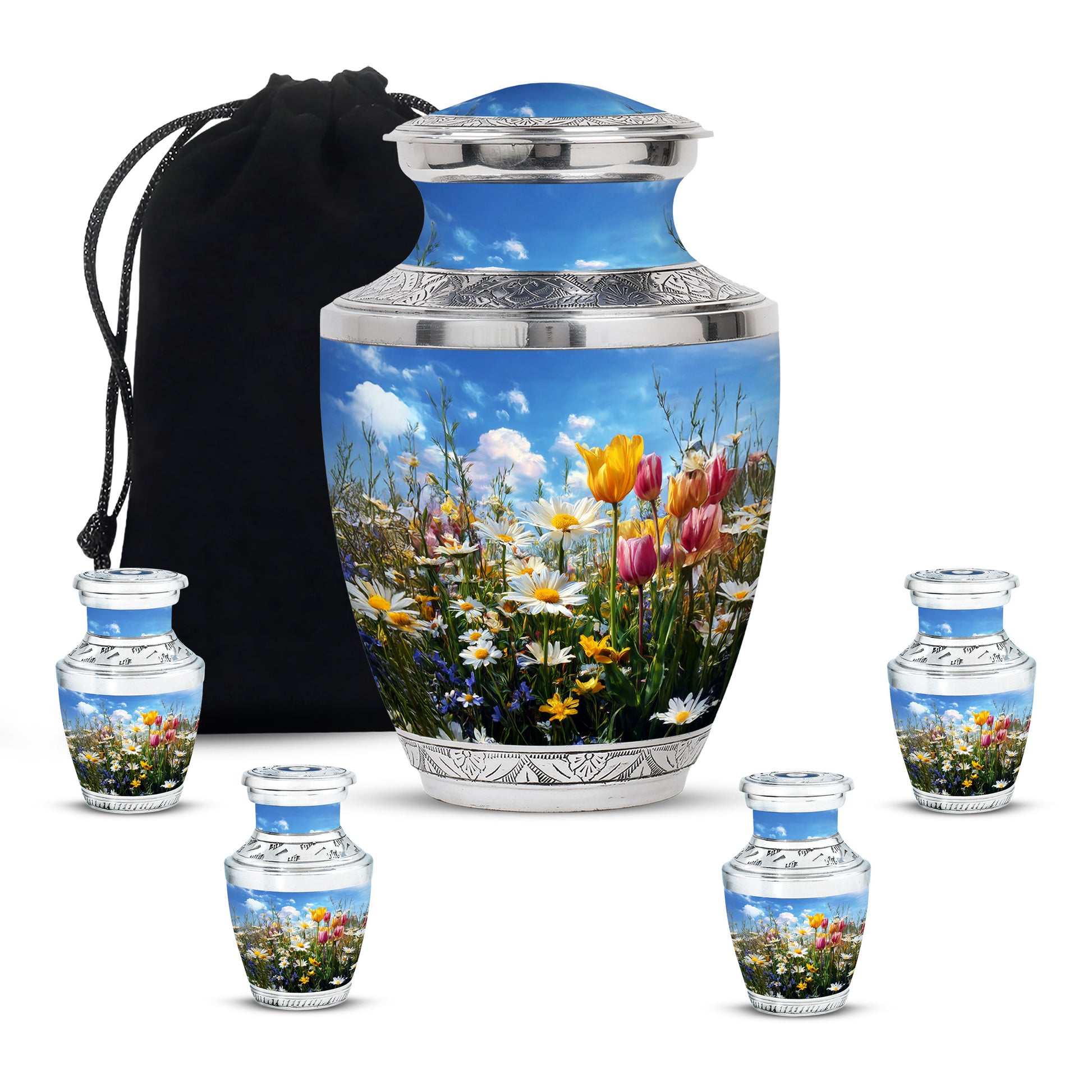 Soft Blue Garden Tulip Cremation Urn lifestyle display on memorial shelf - stylized abstract garden tulip pattern with bold lines - memorial set with one large and four small urns