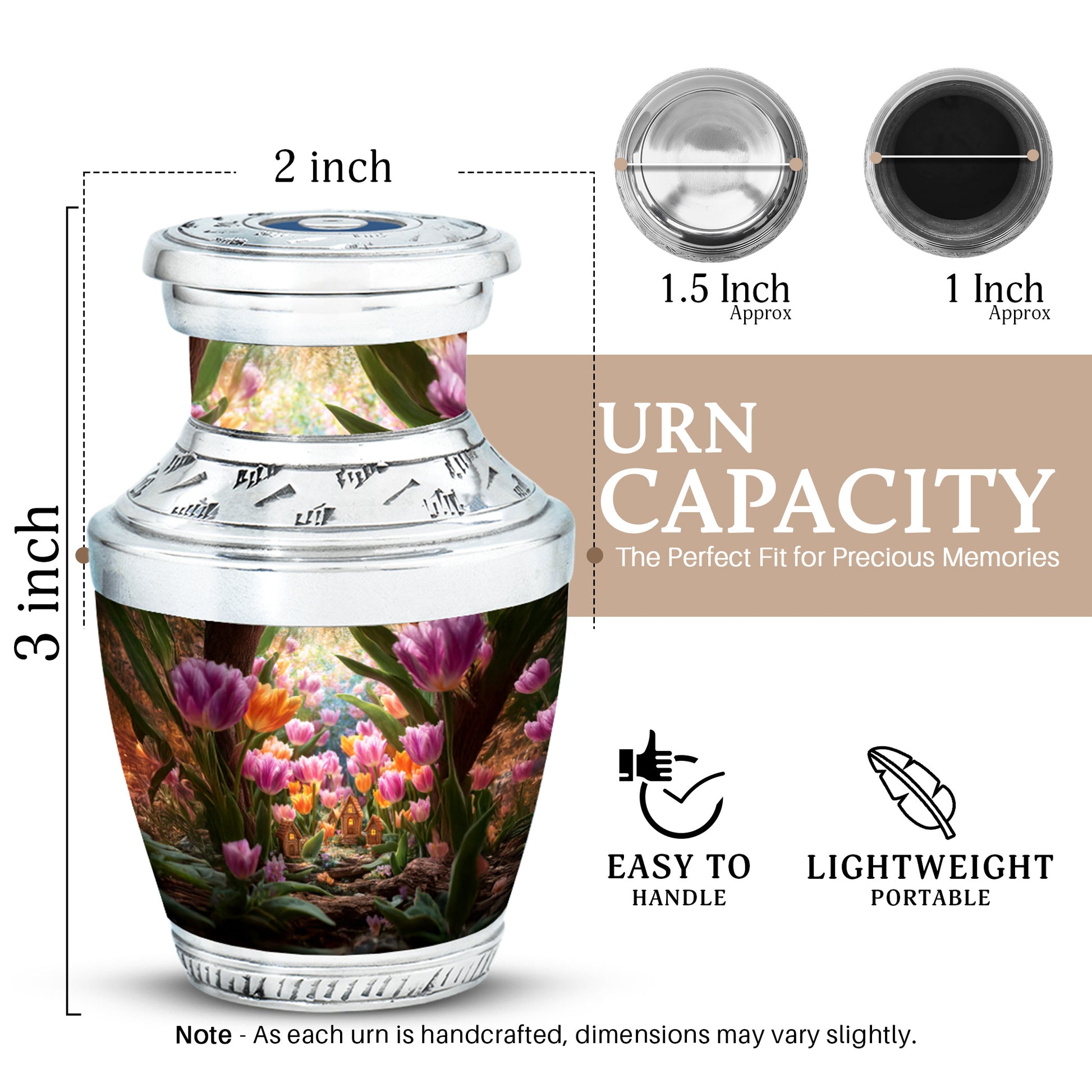 Champagne Gold Garden Tulip Cremation Urn top-down view of secure threaded lid - modern art-inspired garden tulip motif on sleek aluminum - mini keepsake memorial for portion of cremation ashes