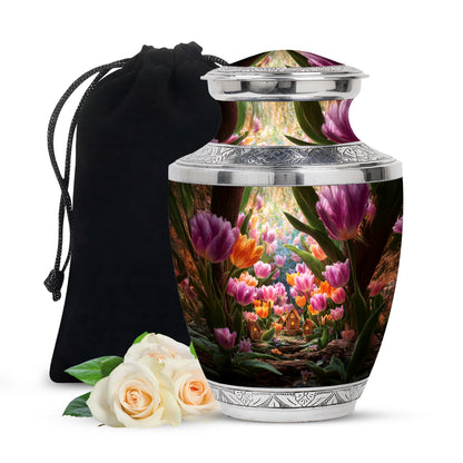 Warm Gold Garden Tulip Cremation Urn side profile showing urn shape - stylized abstract garden tulip pattern with bold lines - full-size 10 inch 200 cubic inch adult cremation urn