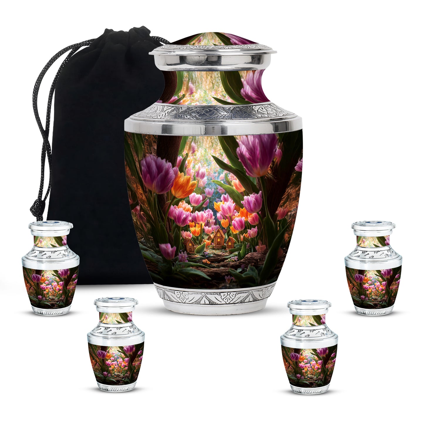 Warm Gold Garden Tulip Cremation Urn lifestyle display on memorial shelf - stylized abstract garden tulip pattern with bold lines - memorial set with one large and four small urns