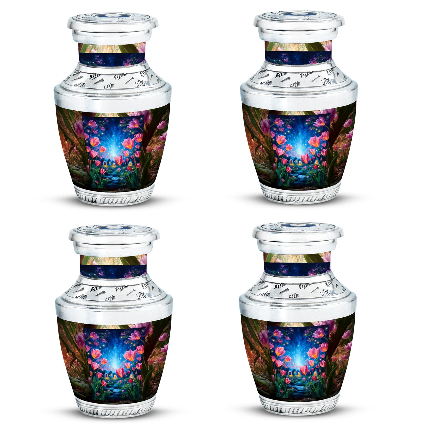 Amber Gold Garden Tulip Cremation Urn back view with polished surface - modern art-inspired garden tulip motif on sleek aluminum - 10 inch aluminum urn for cremated remains