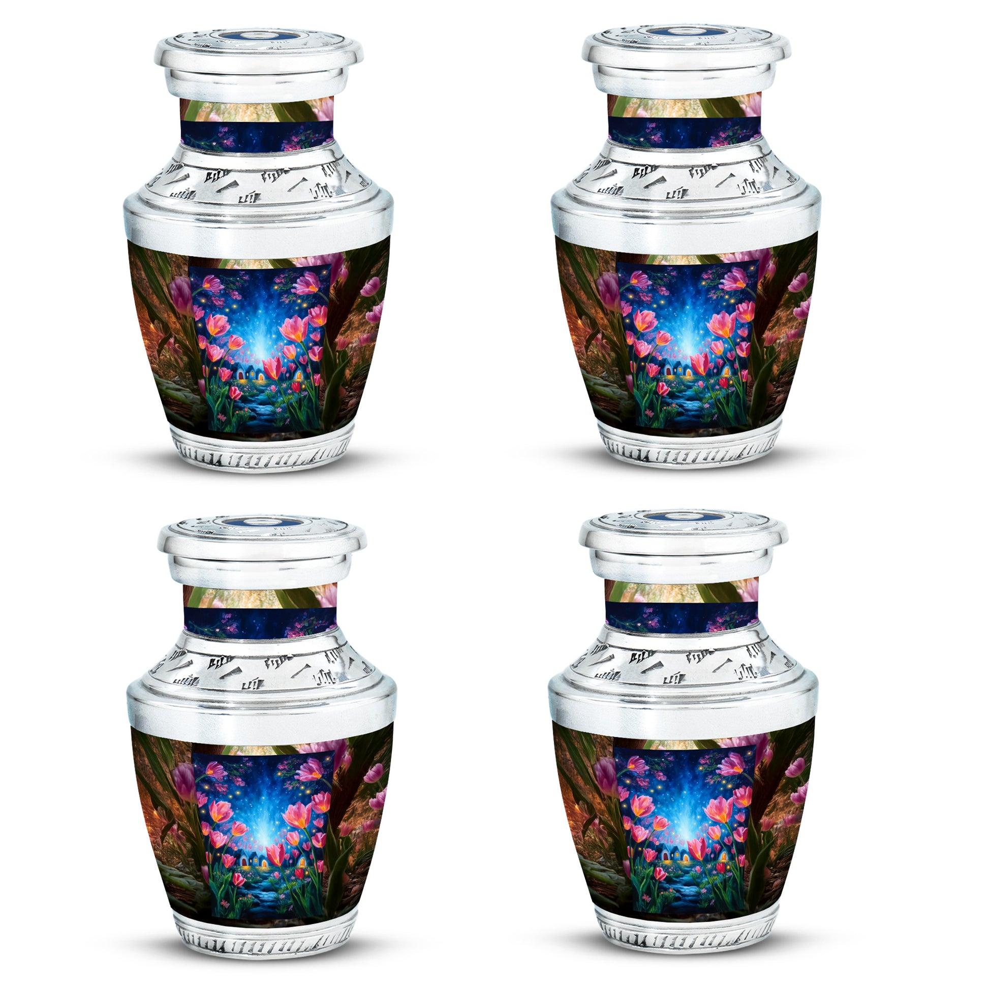 Amber Gold Garden Tulip Cremation Urn back view with polished surface - modern art-inspired garden tulip motif on sleek aluminum - 10 inch aluminum urn for cremated remains