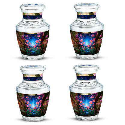 Amber Gold Garden Tulip Cremation Urn back view with polished surface - modern art-inspired garden tulip motif on sleek aluminum - 10 inch aluminum urn for cremated remains
