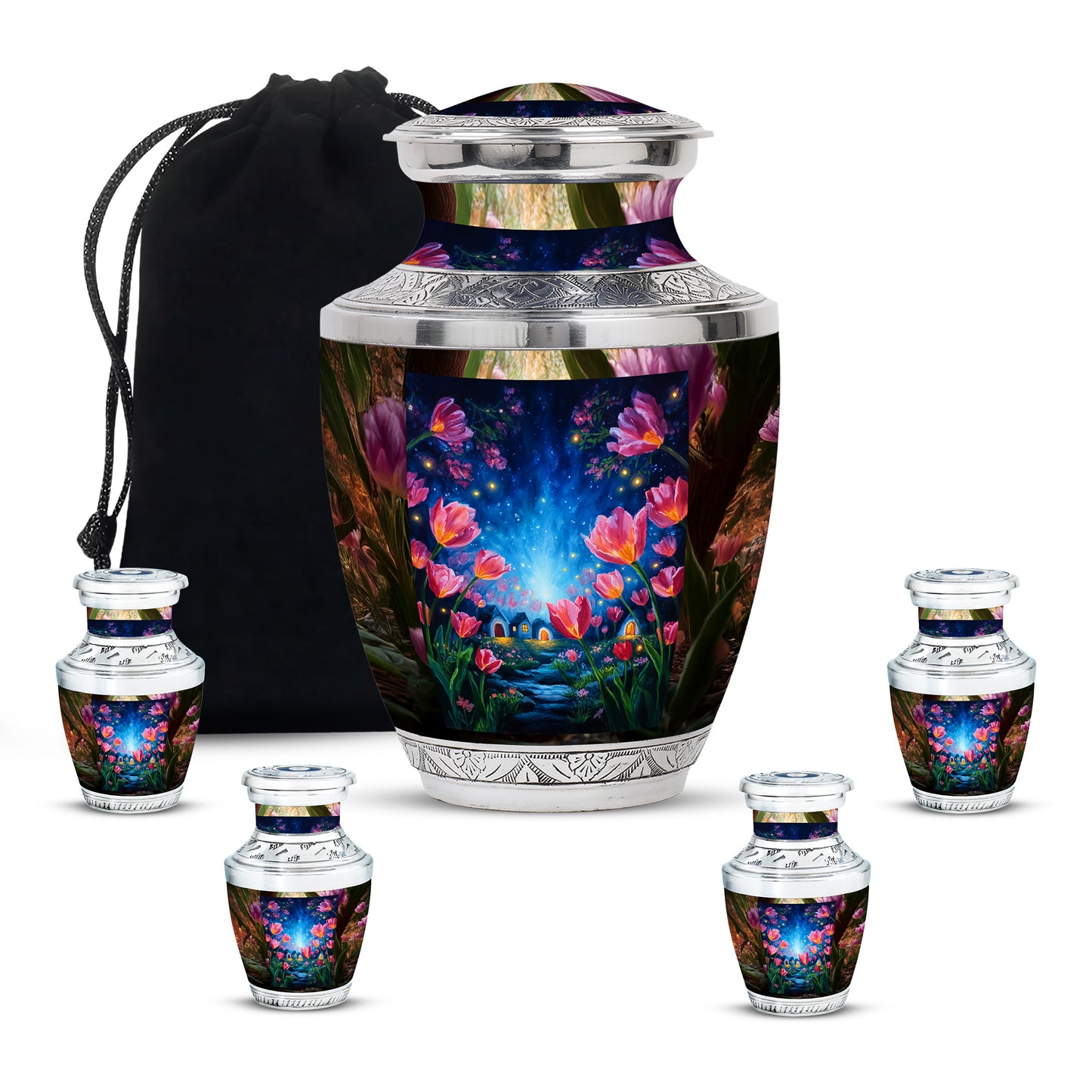 Sunrise Gold Garden Tulip Cremation Urn lifestyle display on memorial shelf - contemporary garden tulip design with modern artistic flair - memorial set with one large and four small urns