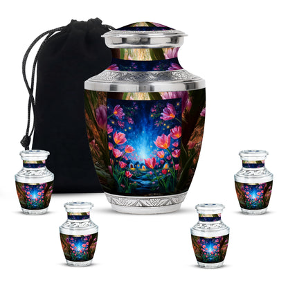 Sunrise Gold Garden Tulip Cremation Urn lifestyle display on memorial shelf - contemporary garden tulip design with modern artistic flair - memorial set with one large and four small urns