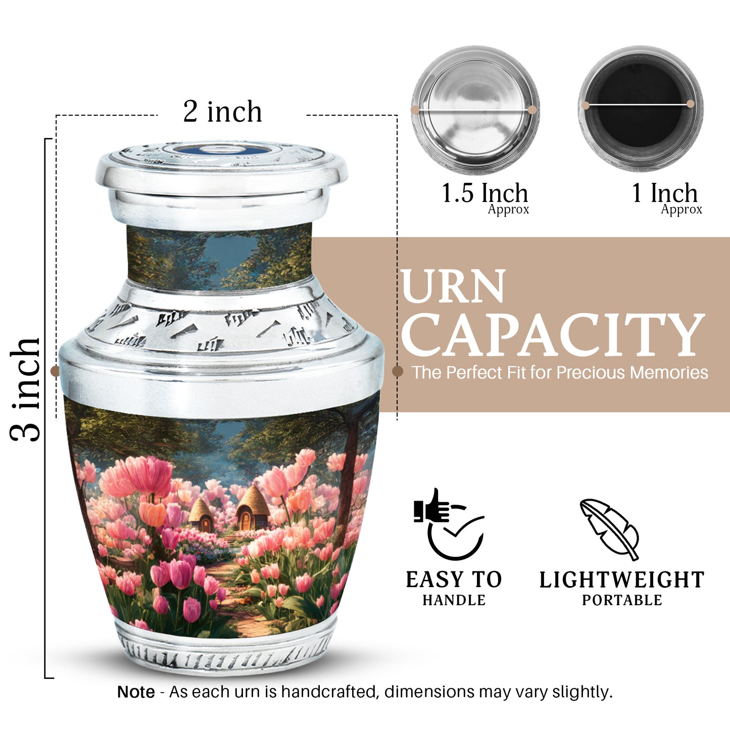 Deep Black Garden Tulip Cremation Urn top-down view of secure threaded lid - modern art-inspired garden tulip motif on sleek aluminum - mini keepsake memorial for portion of cremation ashes
