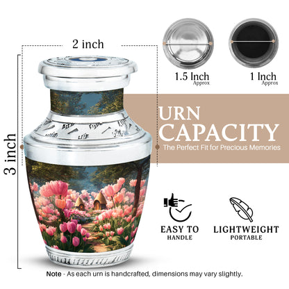 Deep Black Garden Tulip Cremation Urn top-down view of secure threaded lid - modern art-inspired garden tulip motif on sleek aluminum - mini keepsake memorial for portion of cremation ashes