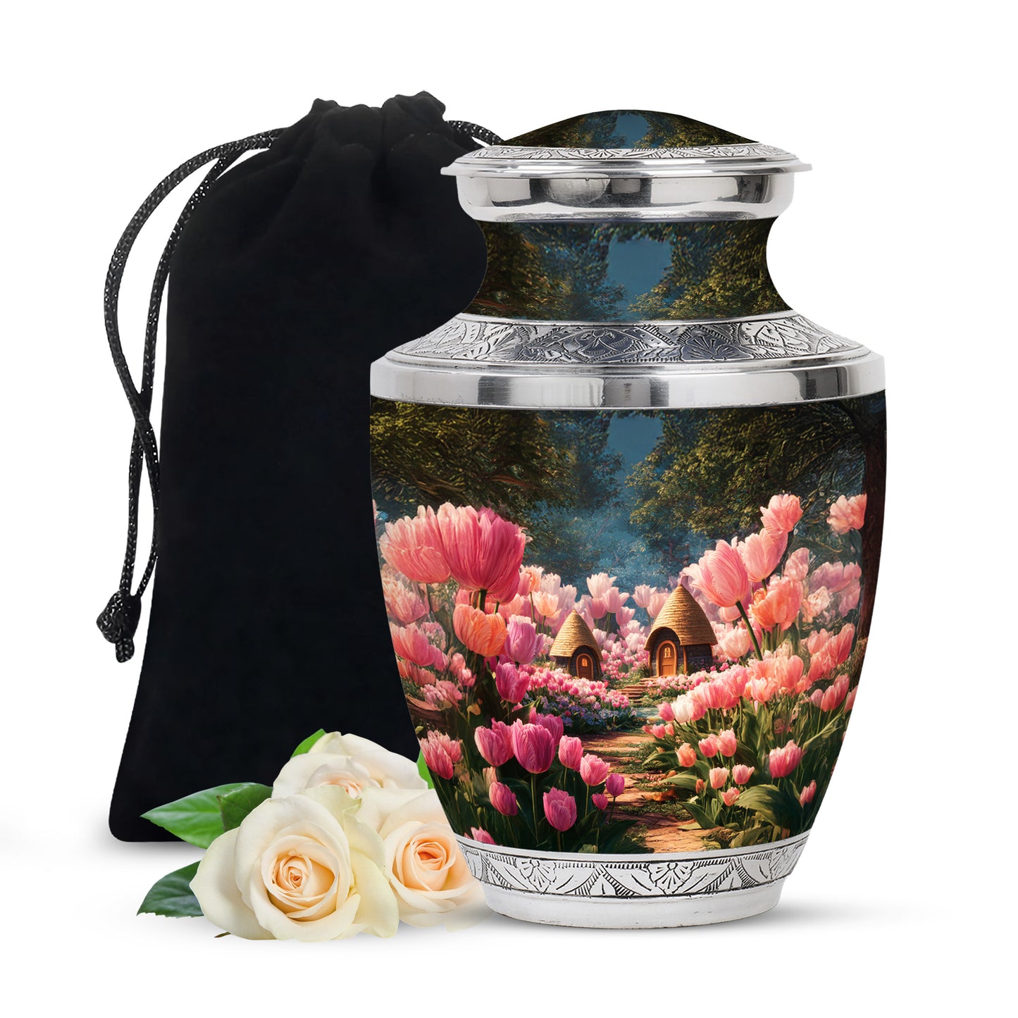 Obsidian Black Garden Tulip Cremation Urn side profile showing urn shape - artistic garden tulip interpretation with creative detail - full-size 10 inch 200 cubic inch adult cremation urn