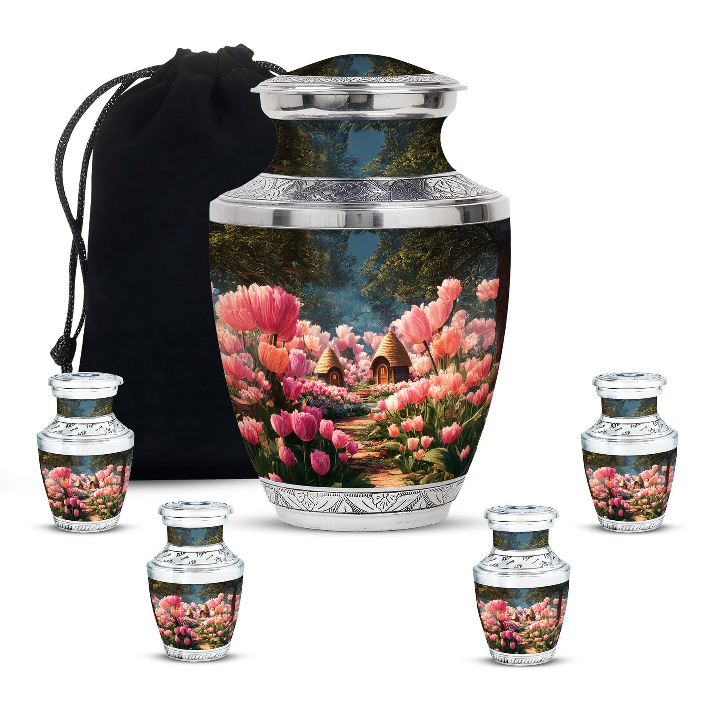 Obsidian Black Garden Tulip Cremation Urn lifestyle display on memorial shelf - stylized abstract garden tulip pattern with bold lines - memorial set with one large and four small urns