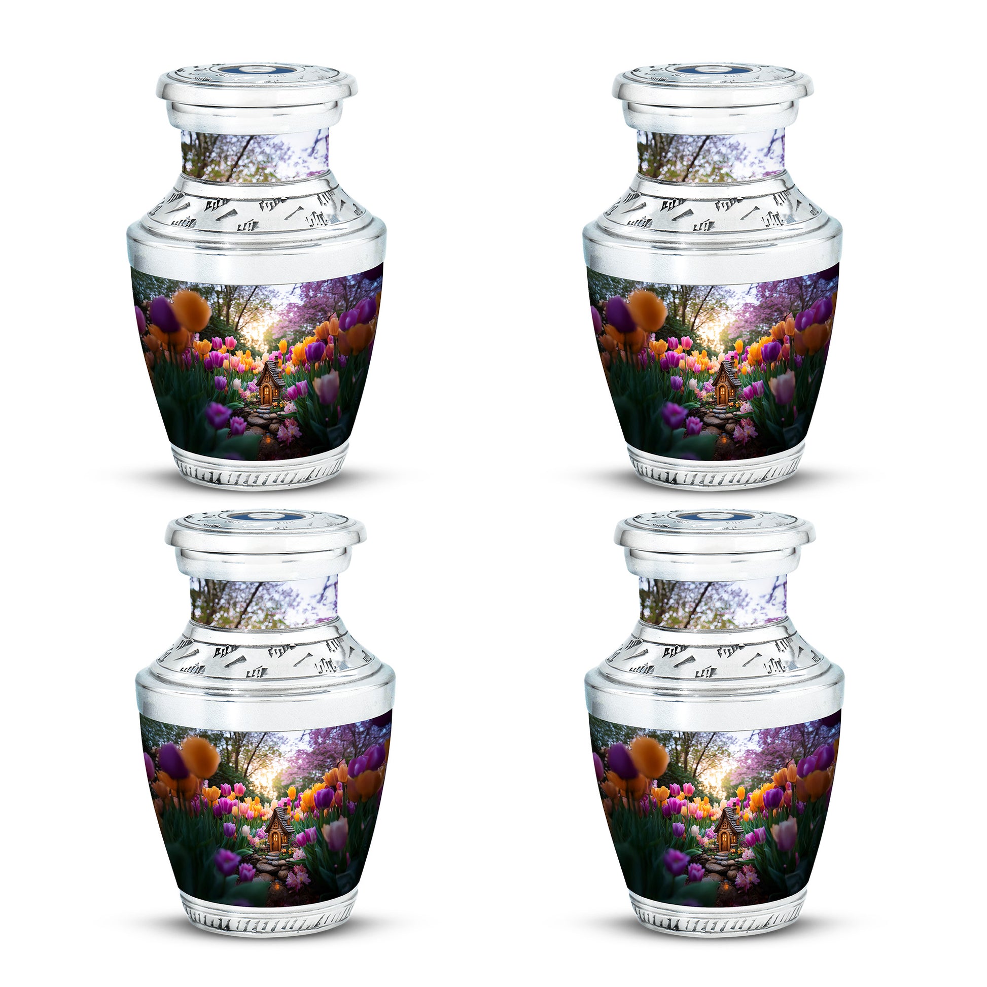 Slate Gray Garden Tulip Cremation Urn back view with polished surface - stylized abstract garden tulip pattern with bold lines - 10 inch aluminum urn for cremated remains