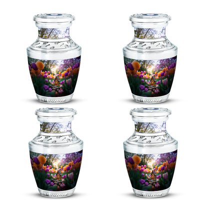 Slate Gray Garden Tulip Cremation Urn back view with polished surface - stylized abstract garden tulip pattern with bold lines - 10 inch aluminum urn for cremated remains