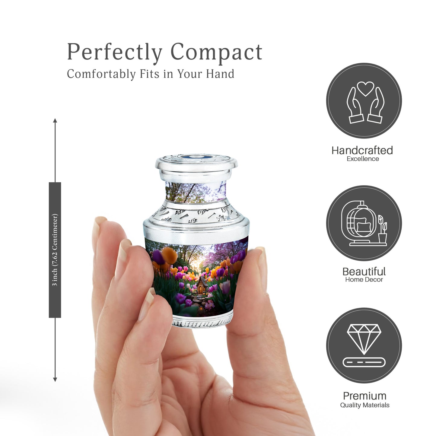 Mist Gray Garden Tulip Cremation Urn top-down view of secure threaded lid - modern art-inspired garden tulip motif on sleek aluminum - mini keepsake memorial for portion of cremation ashes