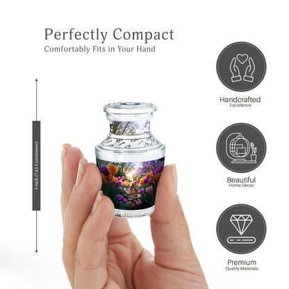 Mist Gray Garden Tulip Cremation Urn top-down view of secure threaded lid - modern art-inspired garden tulip motif on sleek aluminum - mini keepsake memorial for portion of cremation ashes