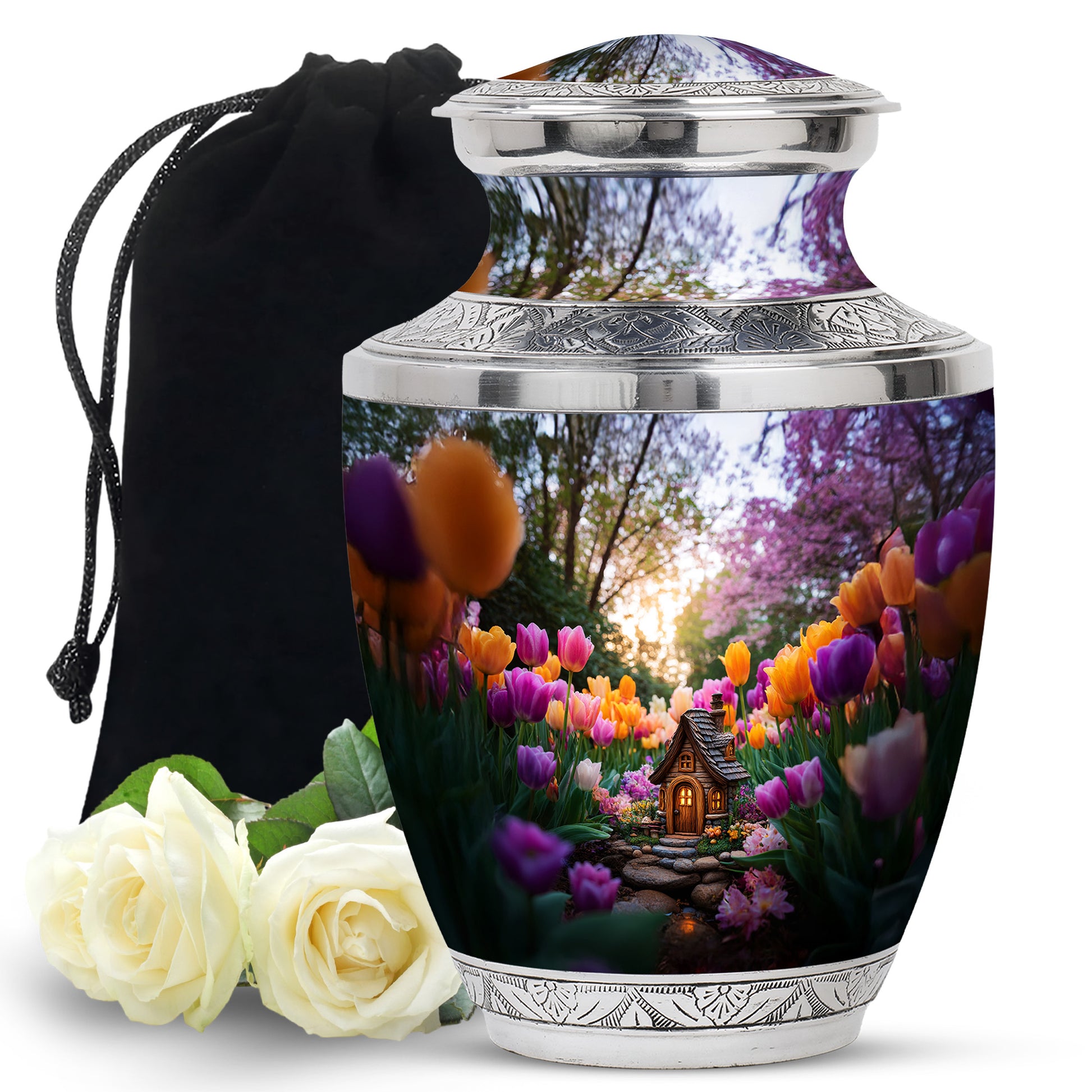 Pewter Gray Garden Tulip Cremation Urn side profile showing urn shape - contemporary garden tulip design with modern artistic flair - full-size 10 inch 200 cubic inch adult cremation urn