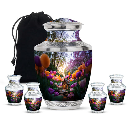 Pewter Gray Garden Tulip Cremation Urn lifestyle display on memorial shelf - modern art-inspired garden tulip motif on sleek aluminum - memorial set with one large and four small urns