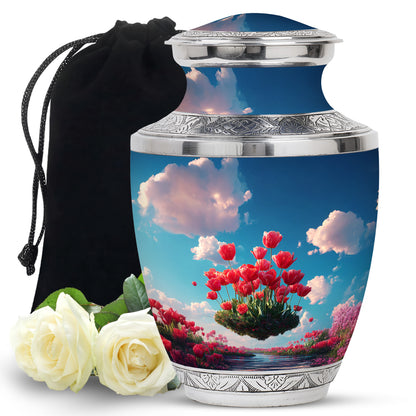 Bright Blue Garden Tulip Cremation Urn side profile showing urn shape - stylized abstract garden tulip pattern with bold lines - full-size 10 inch 200 cubic inch adult cremation urn
