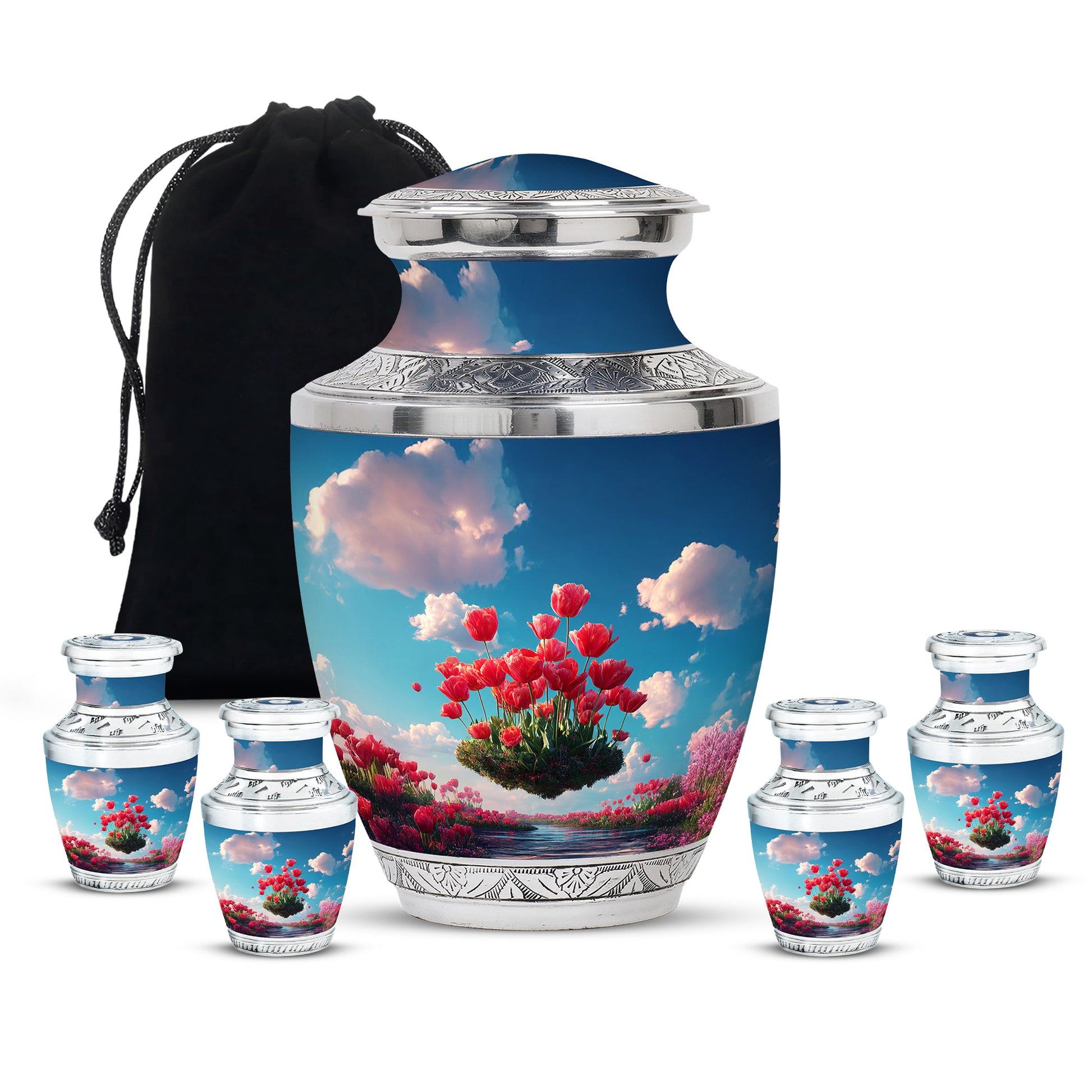 Celestial Blue Garden Tulip Cremation Urn lifestyle display on memorial shelf - contemporary garden tulip design with modern artistic flair - memorial set with one large and four small urns