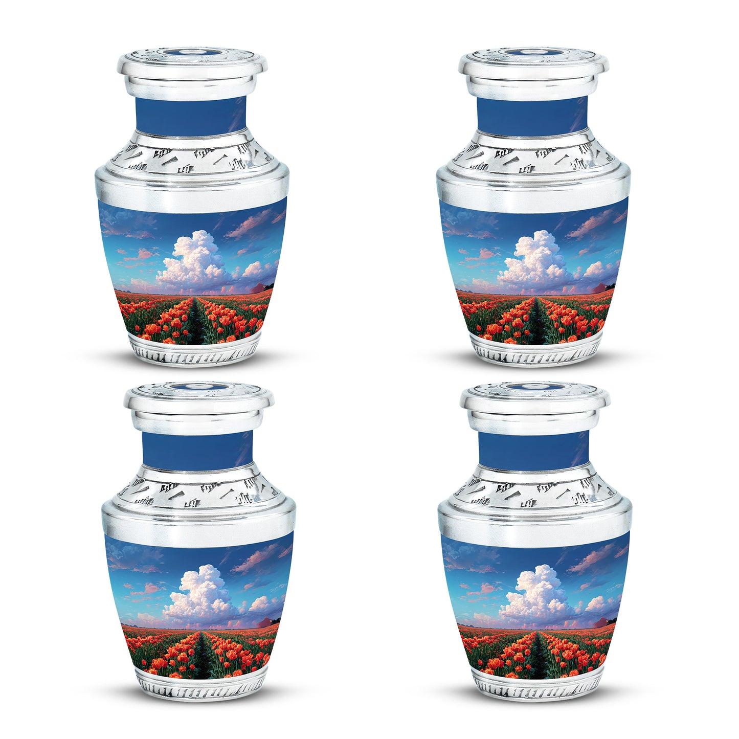 Calming Blue Garden Tulip Cremation Urn back view with polished surface - artistic garden tulip interpretation with creative detail - 10 inch aluminum urn for cremated remains