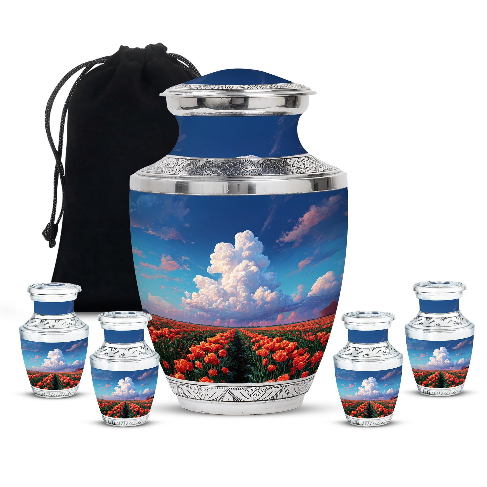 Serene Blue Garden Tulip Cremation Urn lifestyle display on memorial shelf - artistic garden tulip interpretation with creative detail - memorial set with one large and four small urns