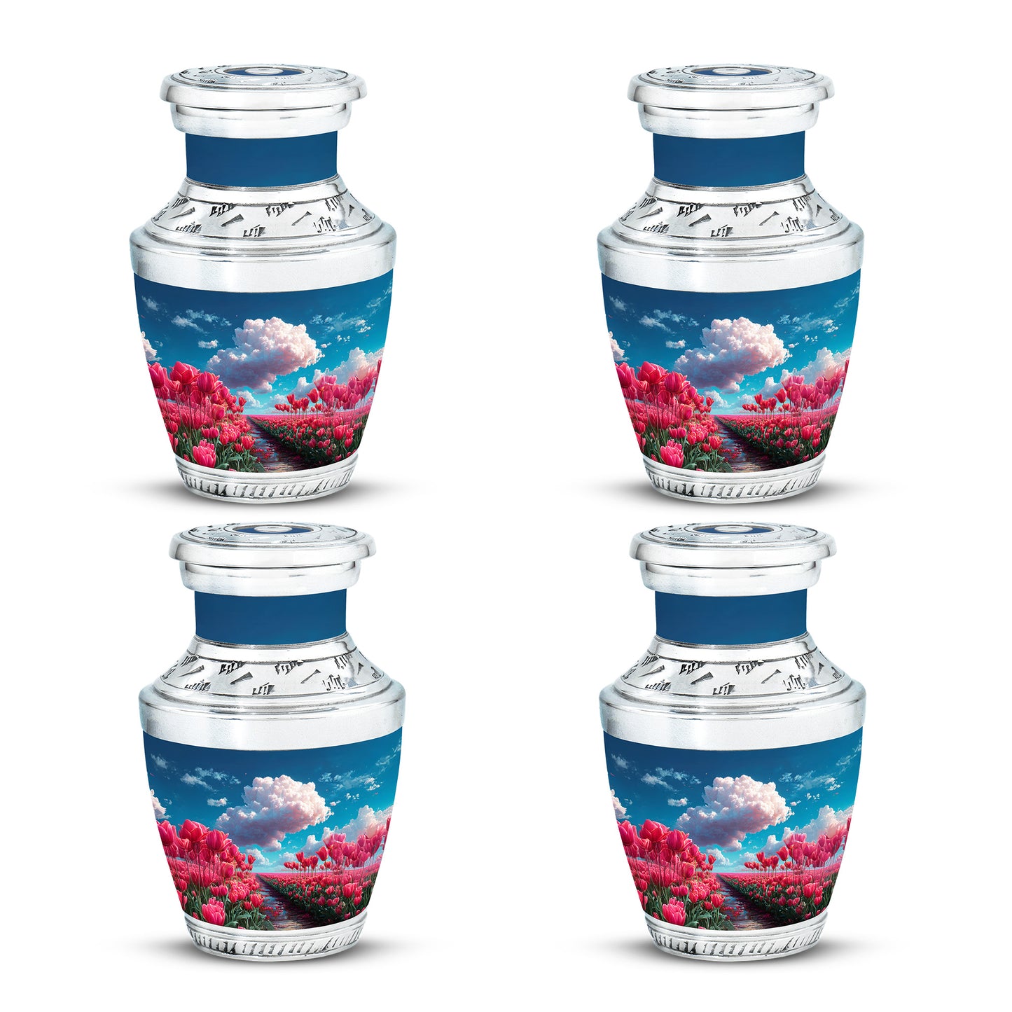 Serene Blue Garden Tulip Cremation Urn back view with polished surface - stylized abstract garden tulip pattern with bold lines - 10 inch aluminum urn for cremated remains