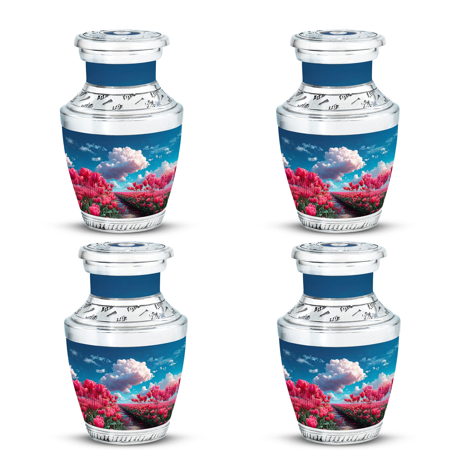 Serene Blue Garden Tulip Cremation Urn back view with polished surface - stylized abstract garden tulip pattern with bold lines - 10 inch aluminum urn for cremated remains