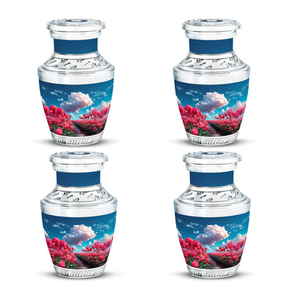 Serene Blue Garden Tulip Cremation Urn back view with polished surface - stylized abstract garden tulip pattern with bold lines - 10 inch aluminum urn for cremated remains