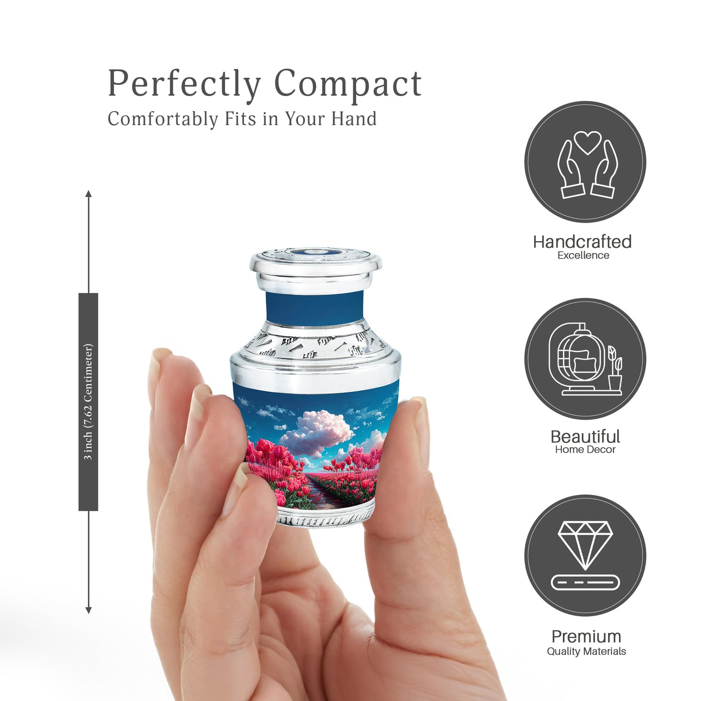 Serene Blue Garden Tulip Cremation Urn top-down view of secure threaded lid - artistic garden tulip interpretation with creative detail - mini keepsake memorial for portion of cremation ashes