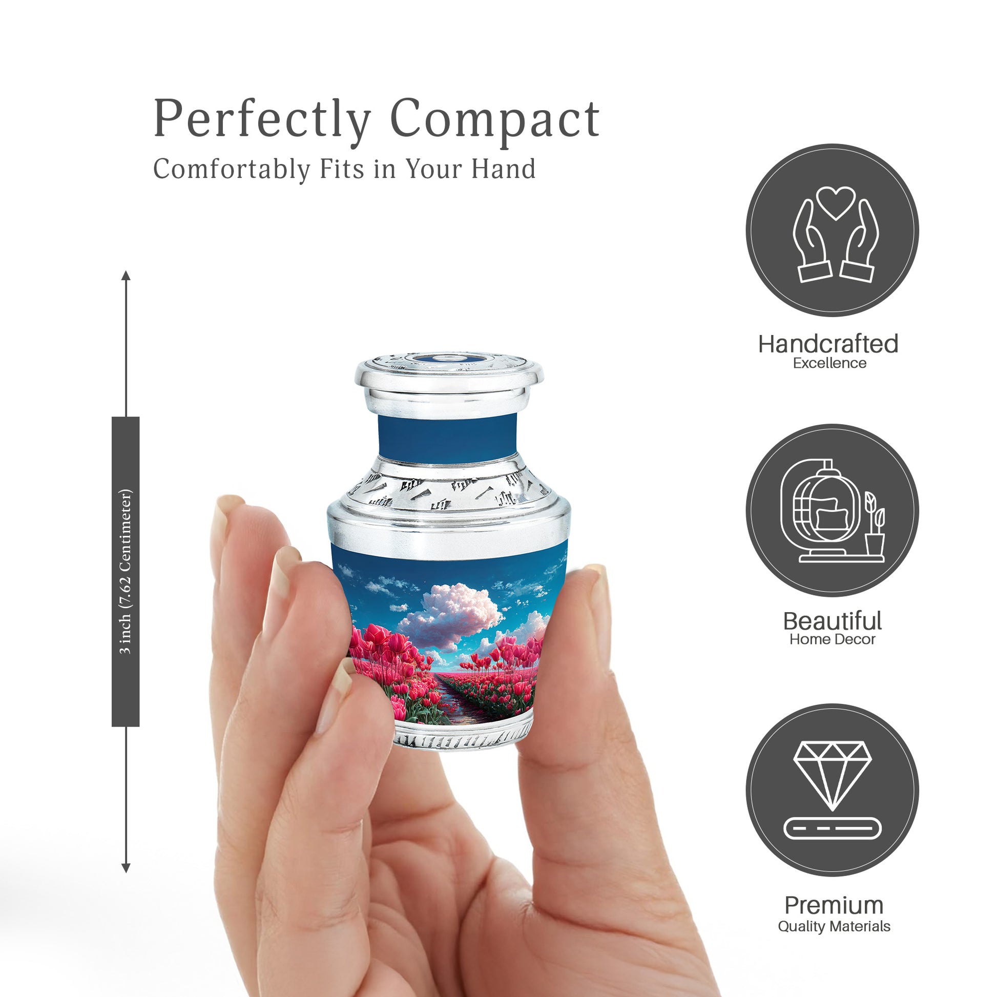 Serene Blue Garden Tulip Cremation Urn top-down view of secure threaded lid - artistic garden tulip interpretation with creative detail - mini keepsake memorial for portion of cremation ashes