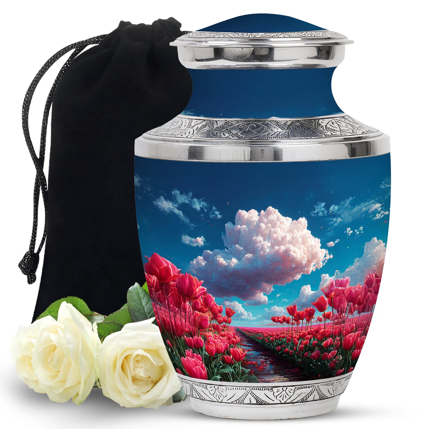 Calming Blue Garden Tulip Cremation Urn side profile showing urn shape - artistic garden tulip interpretation with creative detail - full-size 10 inch 200 cubic inch adult cremation urn