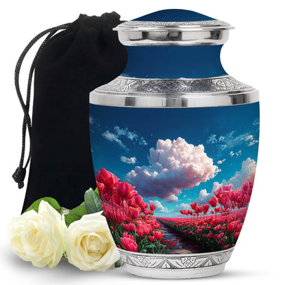 Calming Blue Garden Tulip Cremation Urn side profile showing urn shape - artistic garden tulip interpretation with creative detail - full-size 10 inch 200 cubic inch adult cremation urn