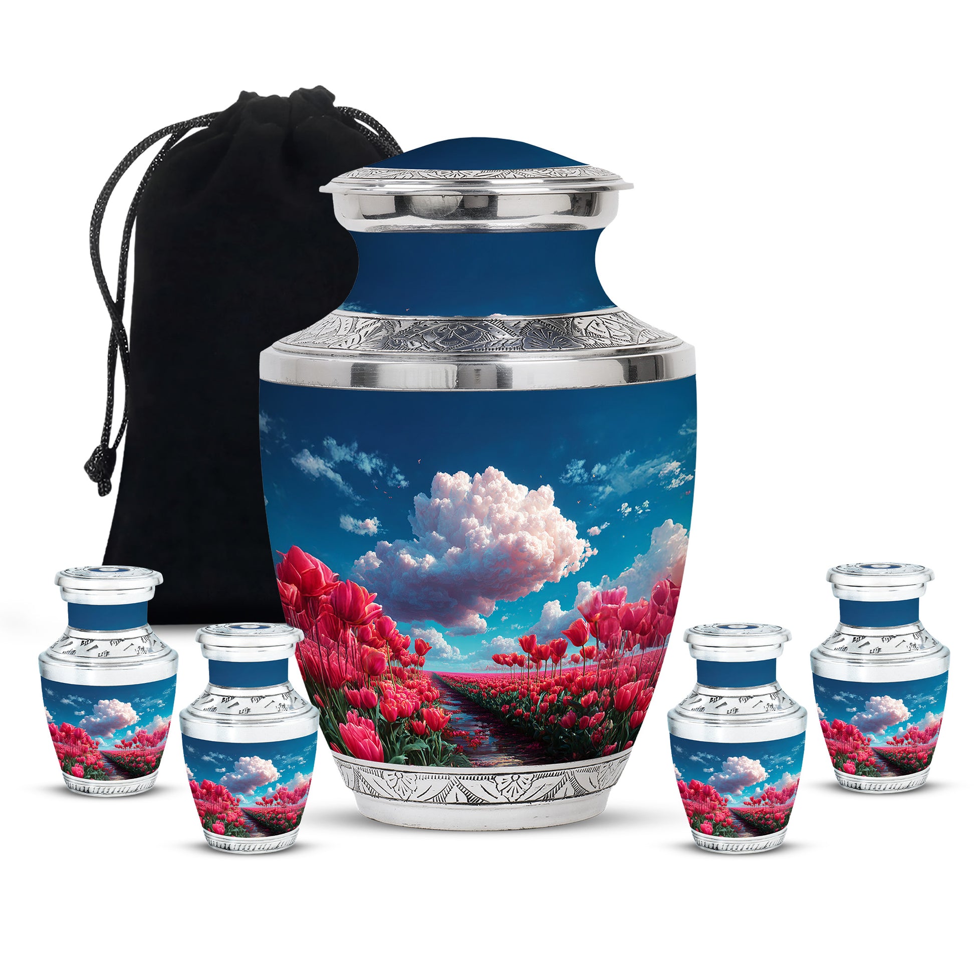 Misty Blue Garden Tulip Cremation Urn lifestyle display on memorial shelf - contemporary garden tulip design with modern artistic flair - memorial set with one large and four small urns