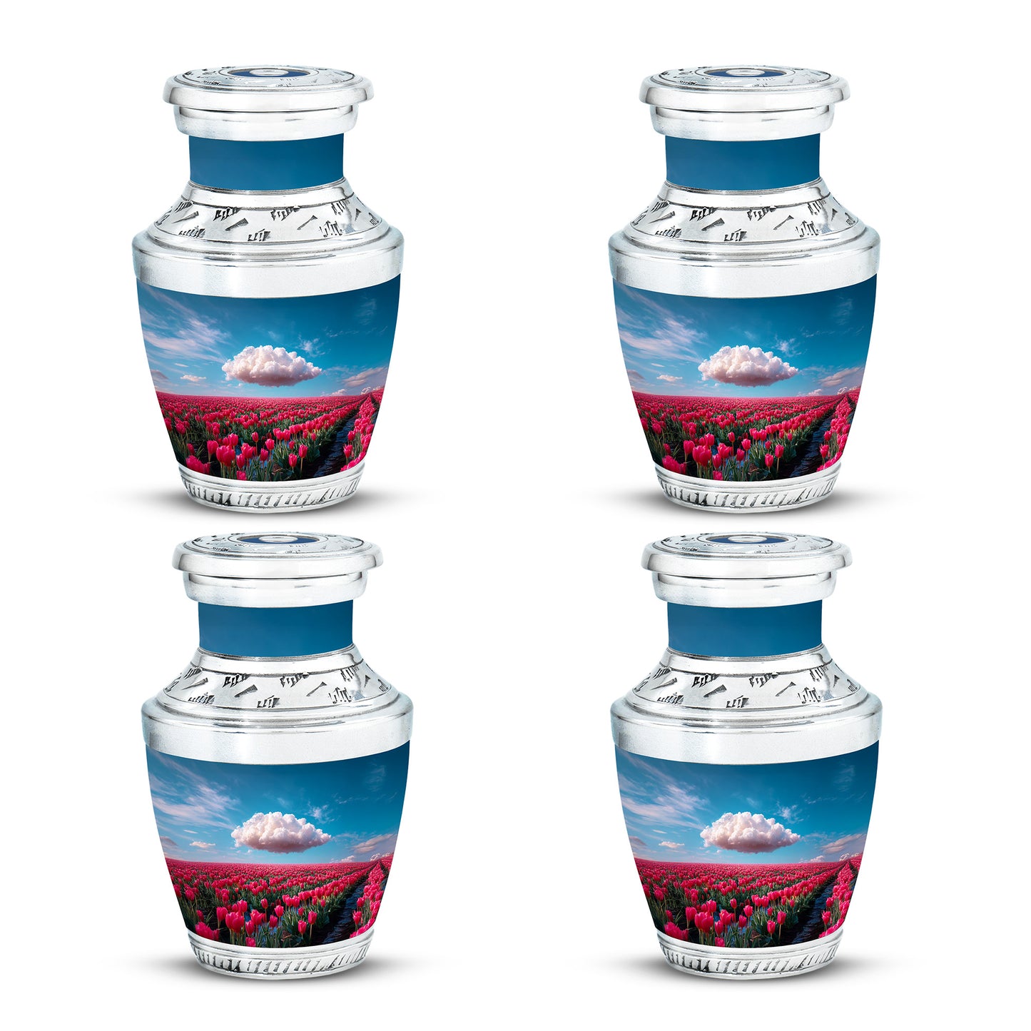 Calming Blue Garden Tulip Cremation Urn back view with polished surface - stylized abstract garden tulip pattern with bold lines - 10 inch aluminum urn for cremated remains