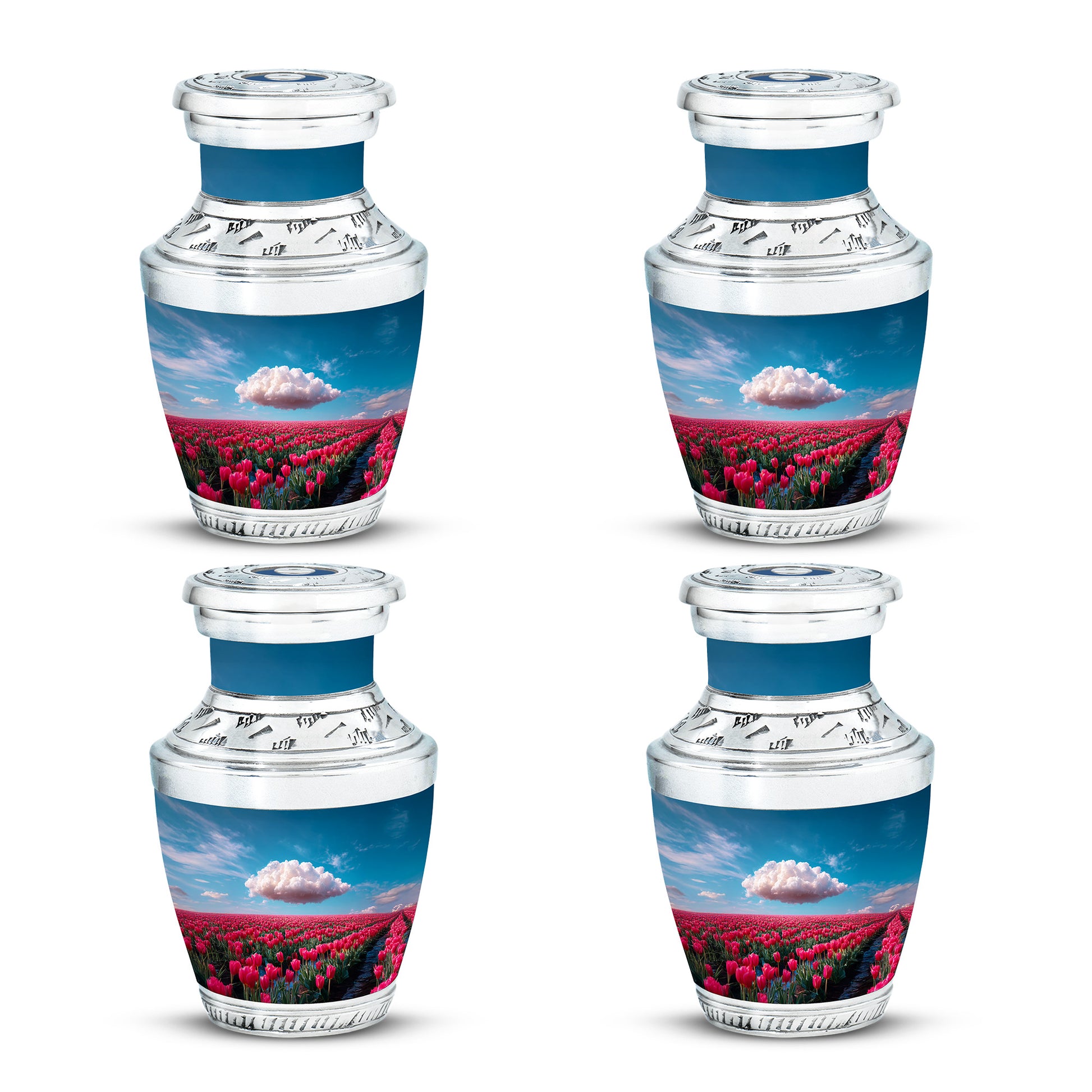 Calming Blue Garden Tulip Cremation Urn back view with polished surface - stylized abstract garden tulip pattern with bold lines - 10 inch aluminum urn for cremated remains