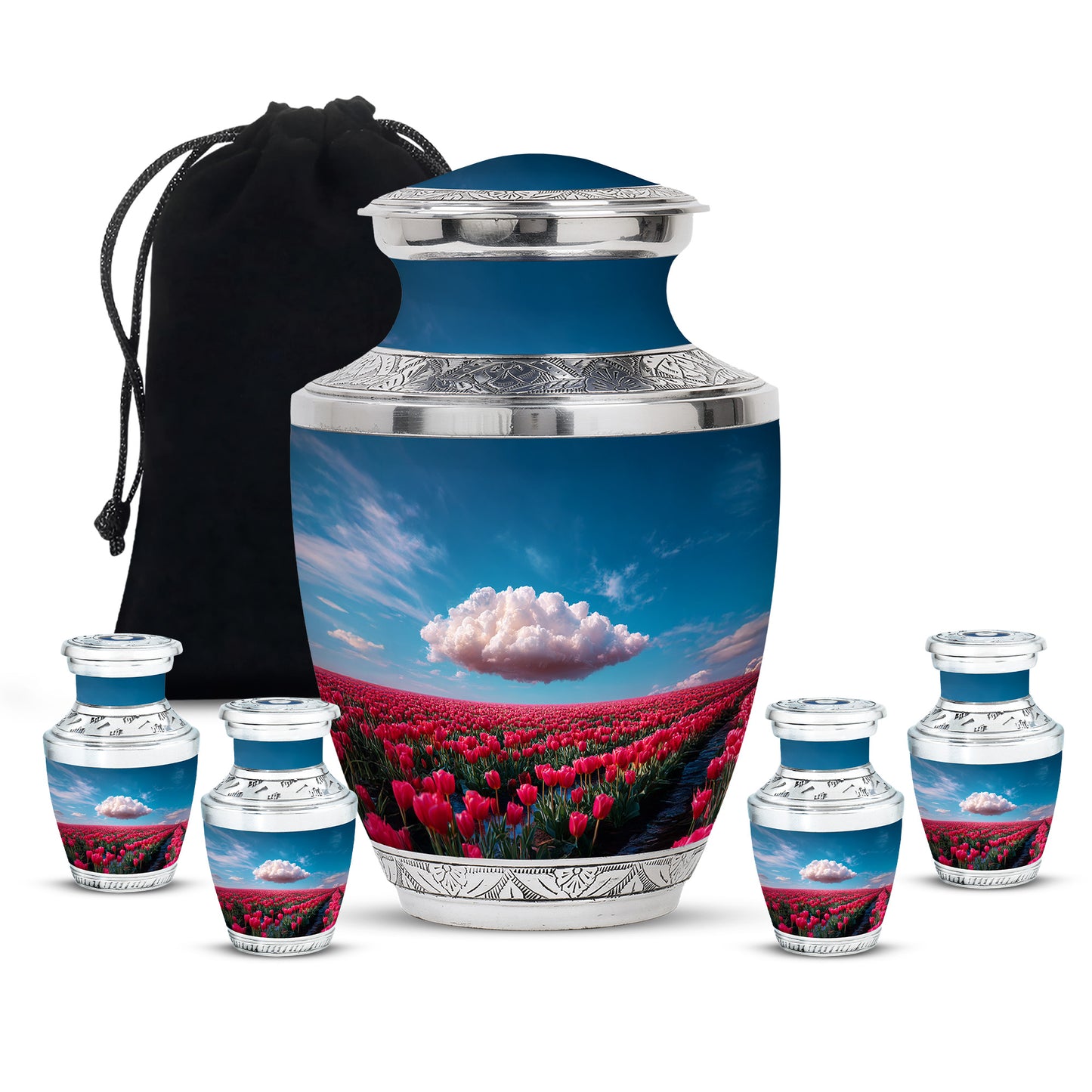 Powder Blue Garden Tulip Cremation Urn lifestyle display on memorial shelf - modern art-inspired garden tulip motif on sleek aluminum - memorial set with one large and four small urns