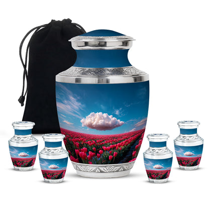 Powder Blue Garden Tulip Cremation Urn lifestyle display on memorial shelf - modern art-inspired garden tulip motif on sleek aluminum - memorial set with one large and four small urns