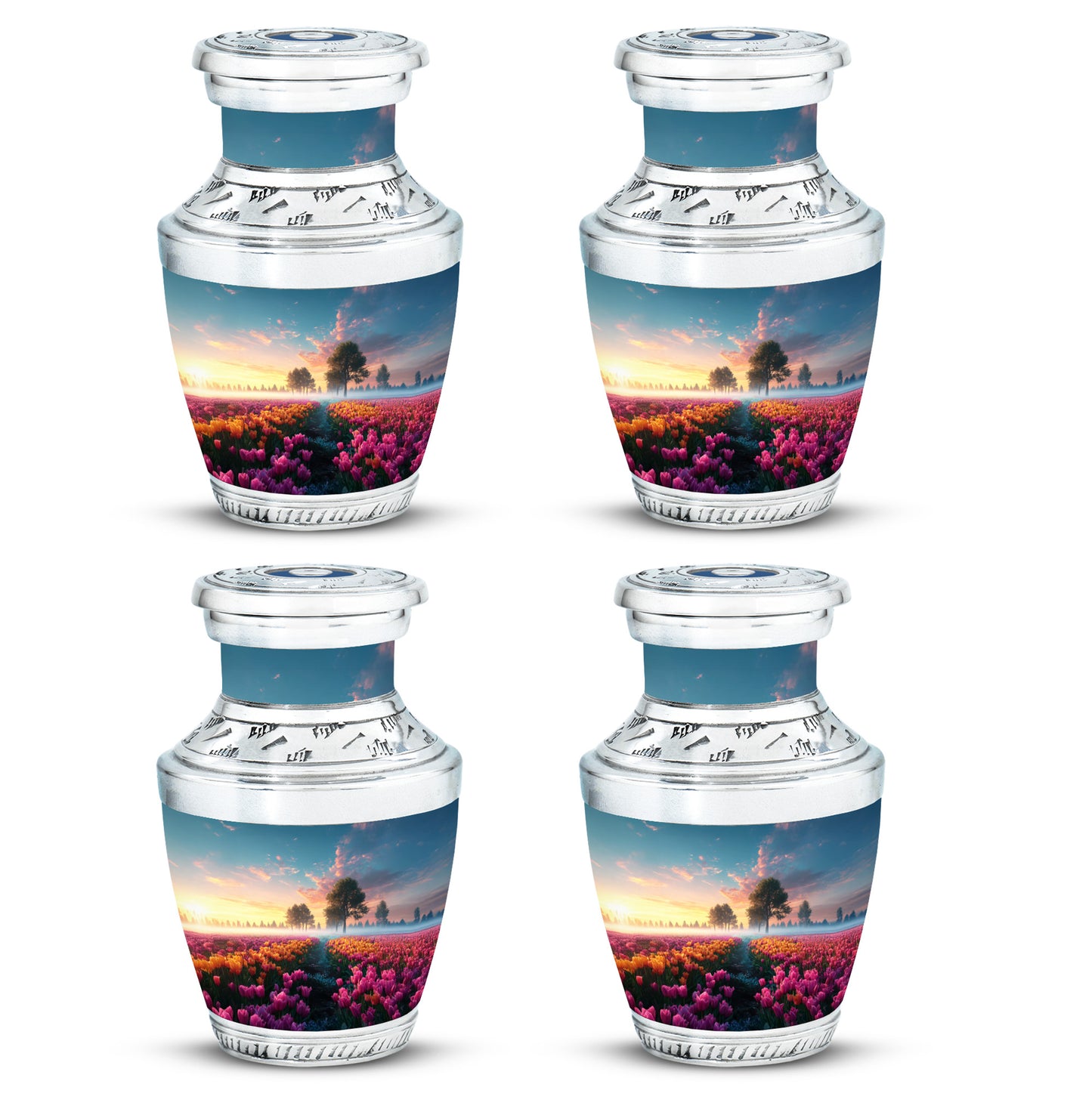Soft Blue Garden Tulip Cremation Urn back view with polished surface - stylized abstract garden tulip pattern with bold lines - 10 inch aluminum urn for cremated remains