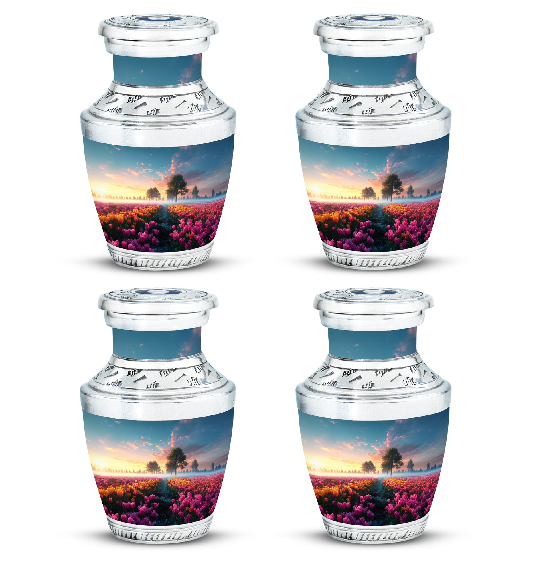 Soft Blue Garden Tulip Cremation Urn back view with polished surface - stylized abstract garden tulip pattern with bold lines - 10 inch aluminum urn for cremated remains
