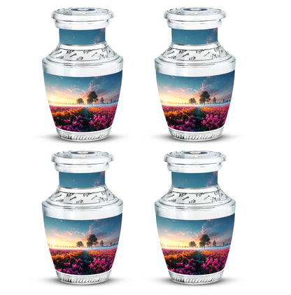 Soft Blue Garden Tulip Cremation Urn back view with polished surface - stylized abstract garden tulip pattern with bold lines - 10 inch aluminum urn for cremated remains