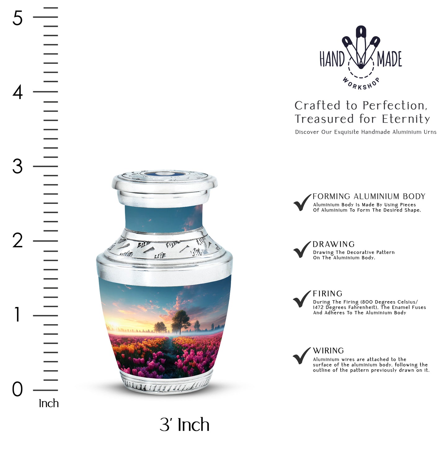 Serene Blue Garden Tulip Cremation Urn top-down view of secure threaded lid - stylized abstract garden tulip pattern with bold lines - mini keepsake memorial for portion of cremation ashes