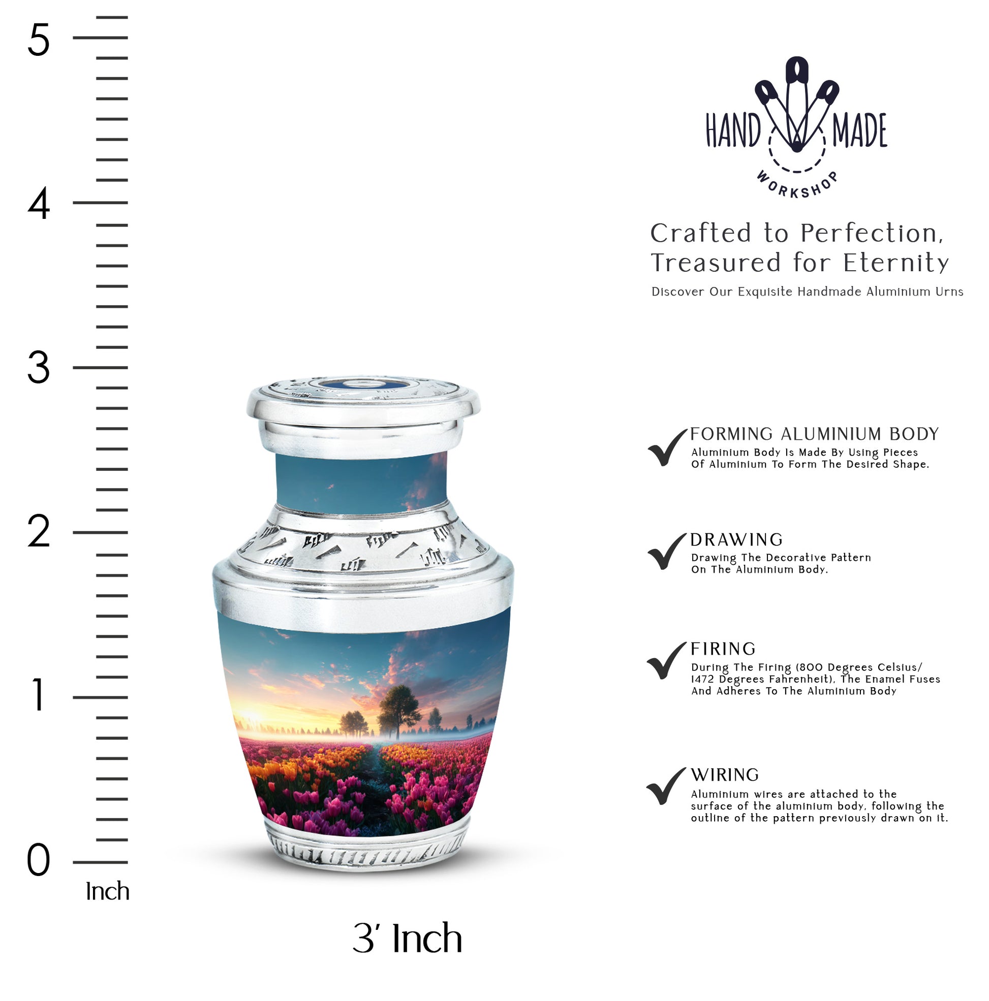 Serene Blue Garden Tulip Cremation Urn top-down view of secure threaded lid - stylized abstract garden tulip pattern with bold lines - mini keepsake memorial for portion of cremation ashes
