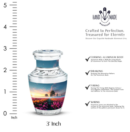 Serene Blue Garden Tulip Cremation Urn top-down view of secure threaded lid - stylized abstract garden tulip pattern with bold lines - mini keepsake memorial for portion of cremation ashes