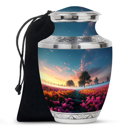 Cobalt Blue Garden Tulip Cremation Urn side profile showing urn shape - stylized abstract garden tulip pattern with bold lines - full-size 10 inch 200 cubic inch adult cremation urn