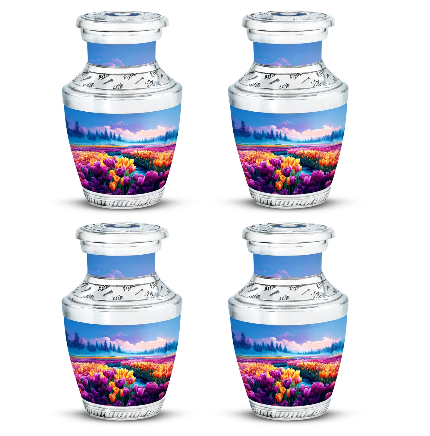Icy Blue Garden Tulip Cremation Urn back view with polished surface - modern art-inspired garden tulip motif on sleek aluminum - 10 inch aluminum urn for cremated remains