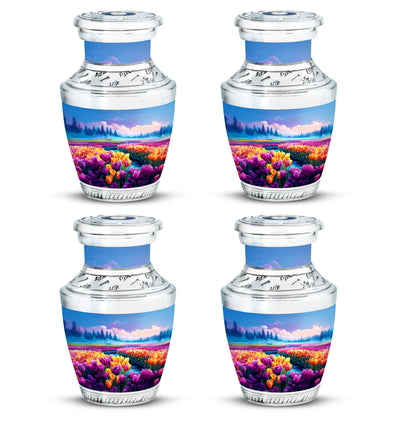 Icy Blue Garden Tulip Cremation Urn back view with polished surface - modern art-inspired garden tulip motif on sleek aluminum - 10 inch aluminum urn for cremated remains