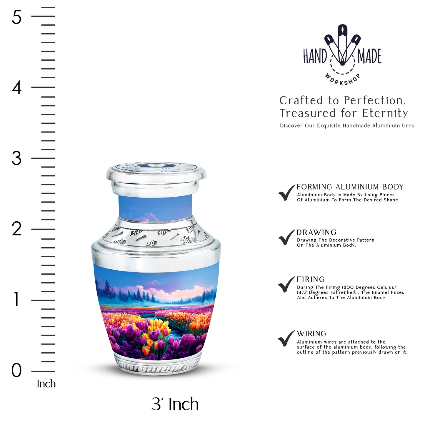 Royal Blue Garden Tulip Cremation Urn top-down view of secure threaded lid - stylized abstract garden tulip pattern with bold lines - mini keepsake memorial for portion of cremation ashes