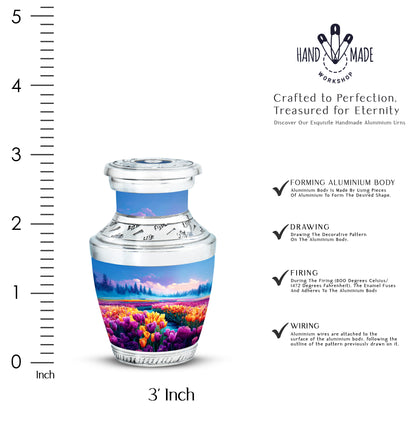 Royal Blue Garden Tulip Cremation Urn top-down view of secure threaded lid - stylized abstract garden tulip pattern with bold lines - mini keepsake memorial for portion of cremation ashes