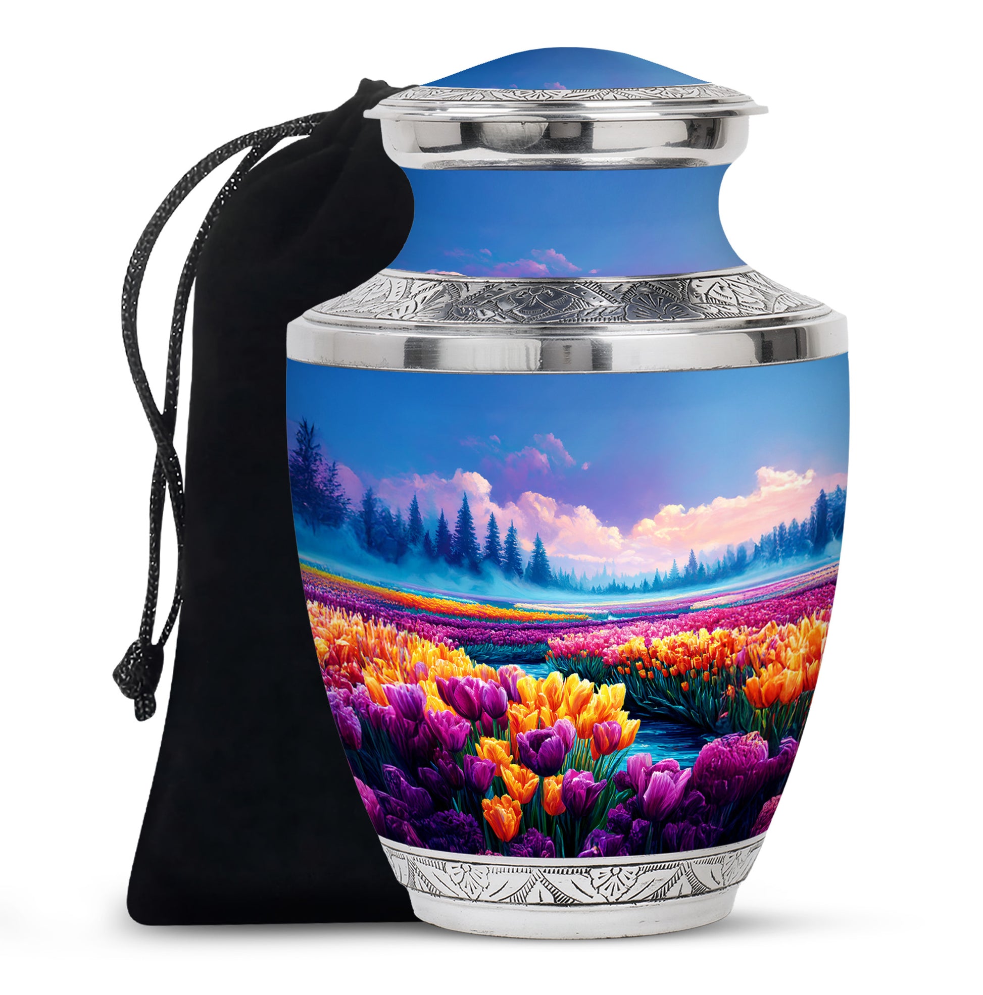 Twilight Blue Garden Tulip Cremation Urn side profile showing urn shape - artistic garden tulip interpretation with creative detail - full-size 10 inch 200 cubic inch adult cremation urn