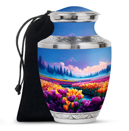 Twilight Blue Garden Tulip Cremation Urn side profile showing urn shape - artistic garden tulip interpretation with creative detail - full-size 10 inch 200 cubic inch adult cremation urn